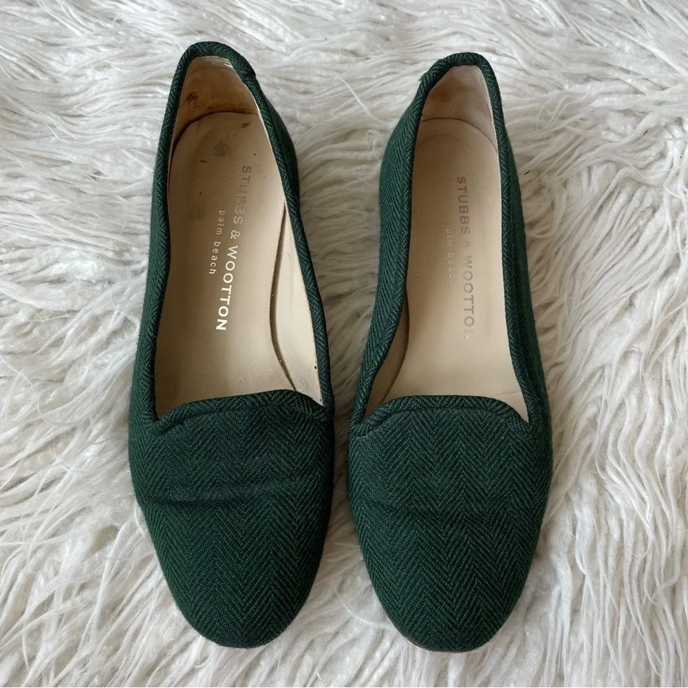 Stubbs and Wootton Women’s Green Herringbone Loafer Flat Shoes EUC Size 6.5
